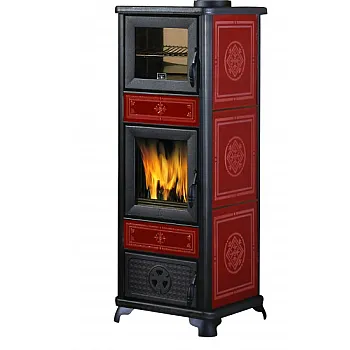 Edilkamin Dafne Forno sütős kandalló, kerámia borítással, bordó színű 7.2 kW, acélszerkezettel és öntvény égéstérrel