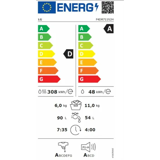 LG F4DR711S2H mosó-szárítógép 11/6kg, inverter motor, gőz, 60x56.5x85 cm 