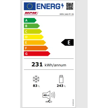 MPM MPM-348-FF-39 NoFrost alulfagyasztós kombinált hűtőszekrény, 243/93L, 60x60x201 cm 