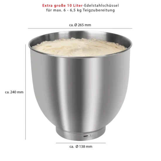 Clatronic KM 3765 piros robotgép 1500W extra nagy, 10 literes rozsdamentes acél tál 6-6,5kg tészta elkészítéséhez