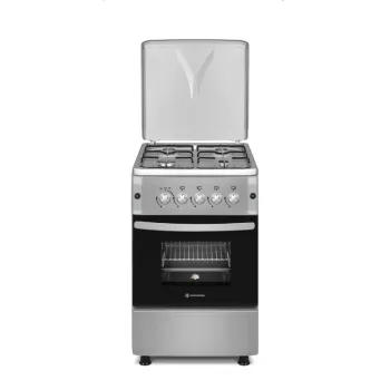 Novacook F5S40G2 INX Inox LPG gáztűzhely PB palackos felhasználásra gyártott, reduktorral tömlővel szerelt tűzhely, szikragyújtás, sütővilágítás, gáz grill, 50x55x87 cm 