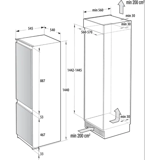 Gorenje RKI514E21 beépíthető kombinált hűtőszekrény 144 x 54 x 54 cm, inverter kompresszor, csúszó ajtózsanérral