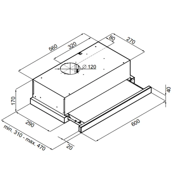 MPM MPM-61-OS-65 inox 60cm beépíthető teleszkópos kihúzható konyhai elszívó