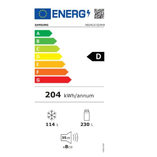 Samsung RB34C672DWW/EF No Frost alulfagyasztó kombinált hűtőszekrény, 230/114L, digitális inverter kompresszor, Wifi, 59.5x65.8x185.3 cm, fehér 