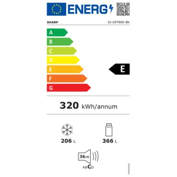 Sharp SJ-GP780DBK No Frost side by side hűtőszekrény, 366/206L, 89.2x76.8x183 cm, fekete szín 