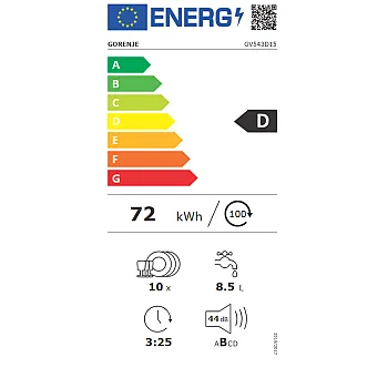 Gorenje GV543D15 teljesen beépíthető mosogatógép, 10 teríték, 3 kosár, automatikus ajtónyitás, 44.8x55x81.5 cm