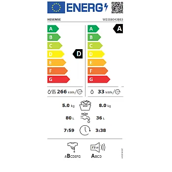 Hisense WD3S8043BB3 mosó-szárítógép, 8/5 kg, gőz, inverter motor, 59.5x51x84.5 cm, fekete szín