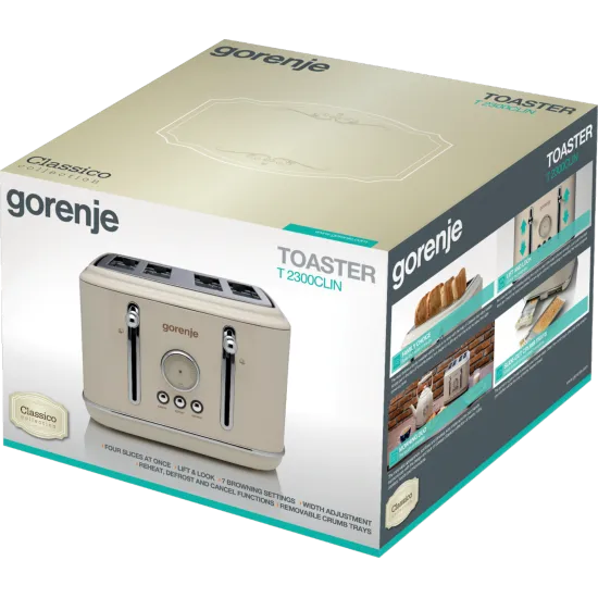 Gorenje T2300CLIN elefántcsont színű retro 4 szeletes kenyérpirító kiolvasztás, melegítő funkcióval