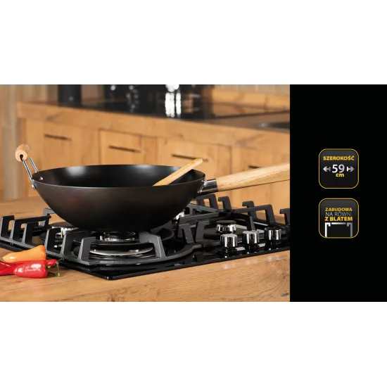 Sam Cook Vulcano PSC-VH-1060 beépíthető fekete üveg, gáz főzőlap, vulkán kővel ellátott WOK égővel, katalitikus égési technológiával