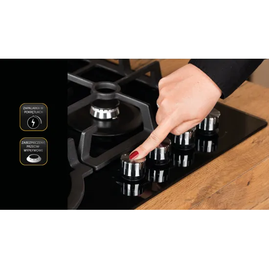 Sam Cook Vulcano PSC-VH-1060 beépíthető fekete üveg, gáz főzőlap, vulkán kővel ellátott WOK égővel, katalitikus égési technológiával