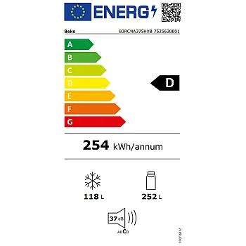 Beko B3RCNA375HXB  No Frost alulfagyasztós kombinált hűtőszekrény, 252/118L, 59.5x67.3x186.5 cm, csiszolt ezüst szín 