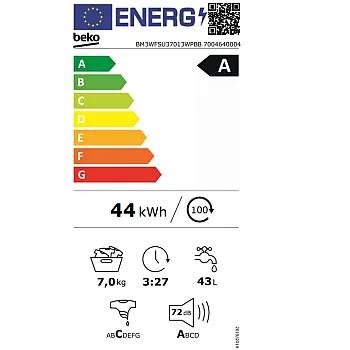 Beko BM3WFSU37013WPBB elöltöltős mosógép, 7 kg, inverter motor, gőz, 60x49.6x84.5 cm