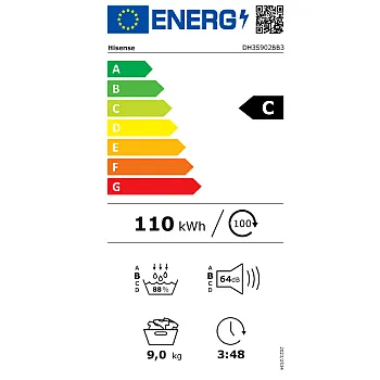 Hisense DH3S902BB3 hőszivattyú szárítógép, 9 kg, WIFI, inverter motor, 59.5x64x84.5 cm, fekete 