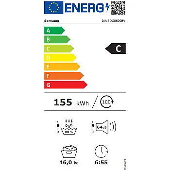 Samsung DV16DG8600BVU4 hőszivattyús szárítógép, 16 kg, inverter motor, 68.6x84.4x98.4 cm, fekete szín 