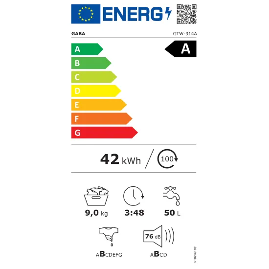 Gaba GTW-914A elöltöltős mosógép, 9 kg, gőz, inverter motor, 60x56x85 cm