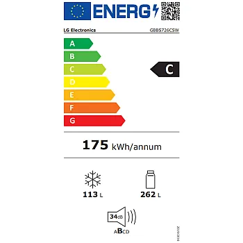 LG GBBS726CSW alulfagyasztós kombinált hűtőszekrény, 262/113L, Wifi, Smart Inverter Kompresszor, 59.7x67.4x203 cm