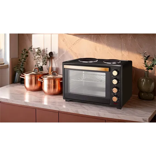 Kalorik MK2000 CLR CO mini sütő 2db főzőlappal, 30L, rose gold-fekete szín 