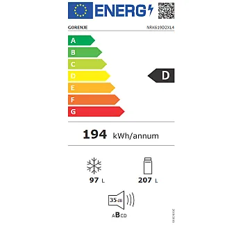 Gorenje NRK619D2XL4 No Frost Plus alulfagyasztós kombinált hűtőszekrény, 207/97L, inverter kompresszor, 59.5x59x186 cm, inox szín 