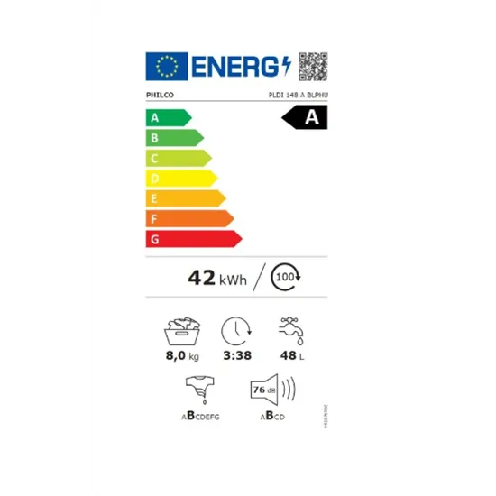 Philco PLDI 148 A BLPHU elöltöltős mosógép, 8 kg, gőz, inverter motor, 60x52x85 cm