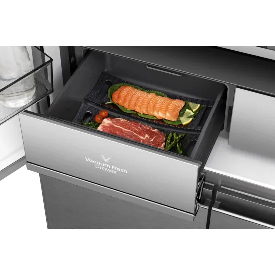 Hisense RQ768N4GVE Total No Frost side by side hűtőszekrény francia ajtós kialakítással, inverteres kompresszor, 381/210L, 91.1x60x190 cm, szürke szín