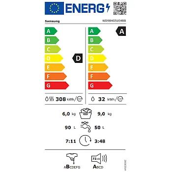 Samsung WD90HG5U34BBLE mosó-szárítógép, 9/6 kg, gőz, Wifi, inverter motor, 60x64.5x85 cm, fekete szín 