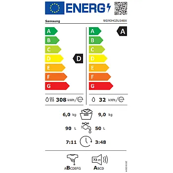 Samsung WD90HG5U34BXLE mosó-szárítógép, 9/6 kg, Wifi, inverter motor, gőz, 60x64.5x85 cm, csiszolt inox szín 