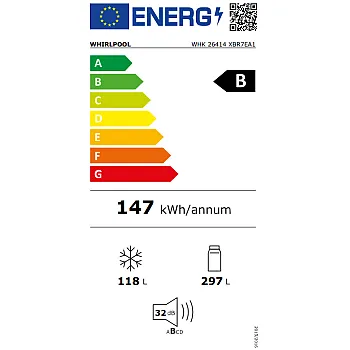 Whirlpool WHK 26414 XBR7EA1 Total No Frost alulfagyasztós kombinált hűtőszekrény, 297/118L, Zen Inverter Kompresszor, 59.5x67.3x203.5 cm, sötét inox szín 