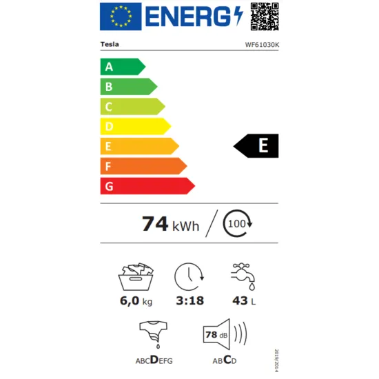Tesla WF61030K elöltöltős mosógép, 6 kg, 60x45x84 cm 