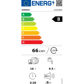 Gorenje GV663B66 teljesen beépíthető mosogatógép, 16 teríték, 3 kosár, inverter motor, automatikus ajtónyitás, 59.8x55.5x81.6 cm 