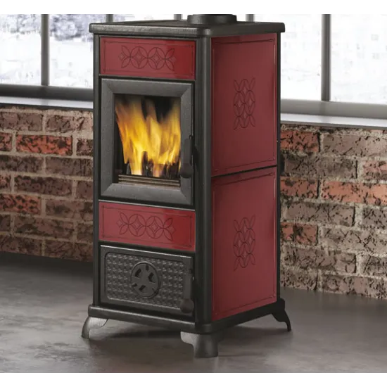 Edilkamin Decor EK63 bordeaux 7,2kW kandalló díszített kerámia oldalakkal és betétekkel, öntöttvas ajtóval és lábakkal 
