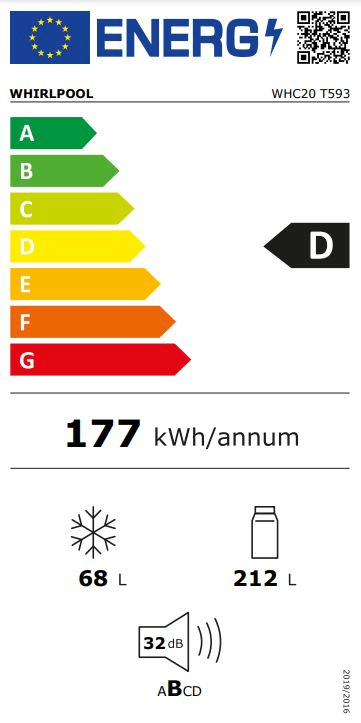 Whirlpool WHC20 T593 P Total No Frost beépíthető kombinált alulfagyasztós hűtőszekrény, 212/68L, 54x55x194 cm 