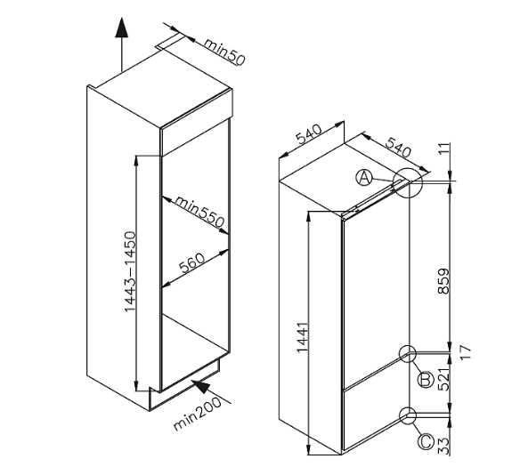 Amica BK2265.4 beépíthető kombinált alulfagyasztós hűtőszekrény, 162/50L, 54x54x144 cm 