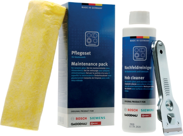 Bosch ápolókészlet üvegkerámia és indukciós főzőlapokhoz 00311900  1x 250 ml-es üvegkerámia tisztító, 1x fémkaparó 1x tisztítókendő
