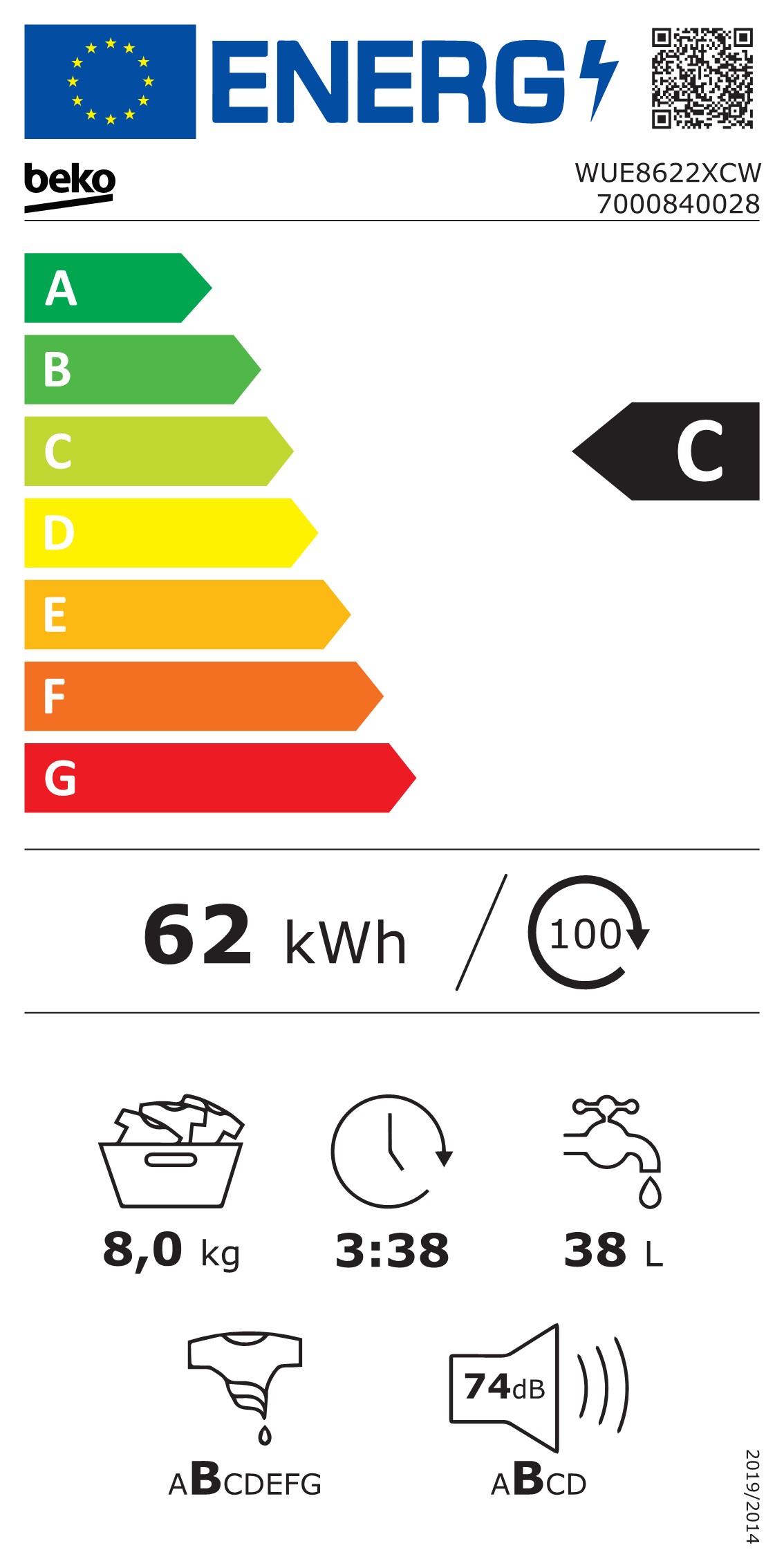 Beko WUE-8622 XCW elöltöltős mosógép, 8 kg, inverter motor, 60x55x84 cm 