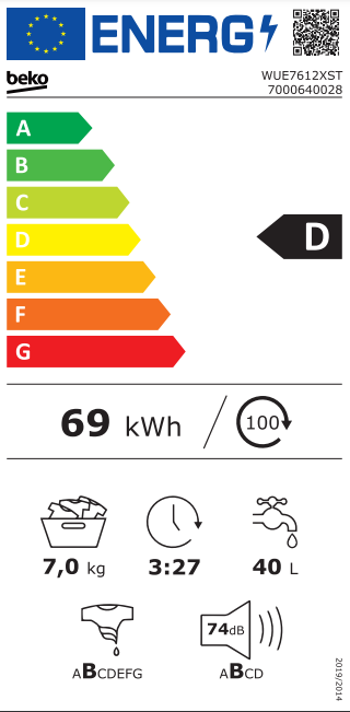 Beko WUE7612XST keskeny elöltöltős mosógép 49 cm mély, 7kg, D energiaosztály,gőz technologia 