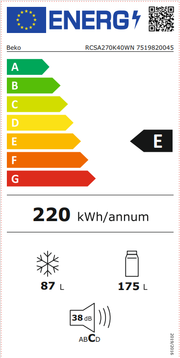 Beko RCSA270K40WN alulfagyasztós kombinált hűtőszekrény, 175/87L, 54x57.4x170.8 cm 