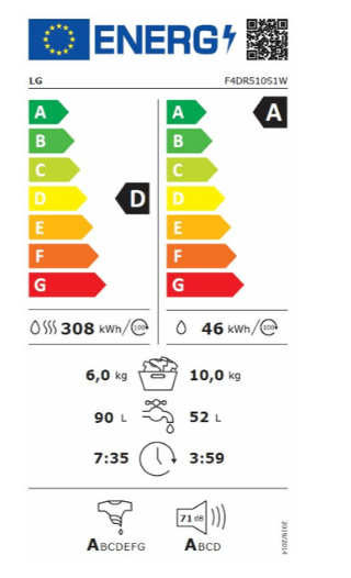 LG F4DR510S1W mosó-szárítógép gőzfunkcióval 10/6kg, inverter Direct Drive motor, 60x56.5x85cm