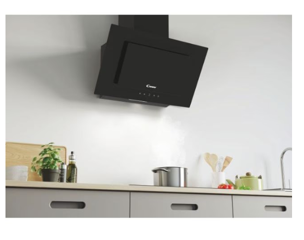 Candy CDG6CBG beépíthető falra szerelhető döntött kürtös konyhai elszívó,60cm széles,fekete,LED világítás