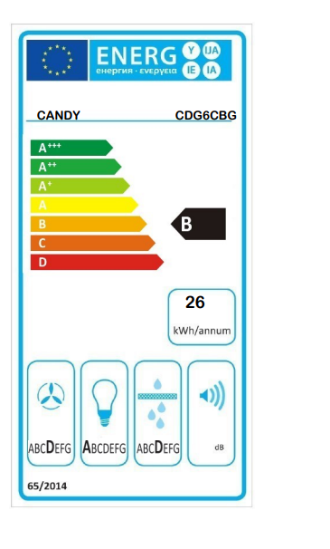 Candy CDG6CBG beépíthető falra szerelhető döntött kürtös konyhai elszívó,60cm széles,fekete,LED világítás