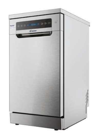 Candy CF1C7SB1FX keskeny mosogatógép, 11 terítékes, WIFI, inverter motor, 3kosár, automatikus ajtónyitás, 44.8x60.5x84.6 cm, inox 