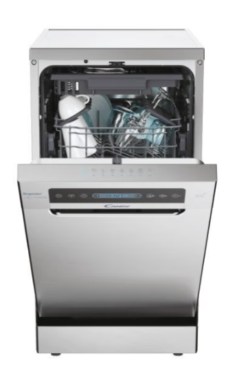 Candy CF1C7SB1FX keskeny mosogatógép, 11 terítékes, WIFI, inverter motor, 3kosár, automatikus ajtónyitás, 44.8x60.5x84.6 cm, inox 