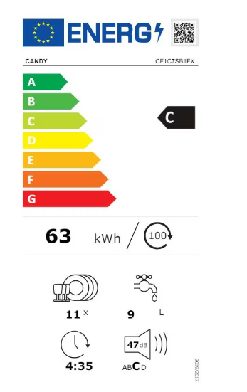 Candy CF1C7SB1FX keskeny mosogatógép, 11 terítékes, WIFI, inverter motor, 3kosár, automatikus ajtónyitás, 44.8x60.5x84.6 cm, inox 