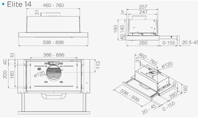 Elica PRF0037987B ELITE 14 LUX GRIX/A/50 beépíthető kihúzható konyhai elszívó,90cm széles,inox