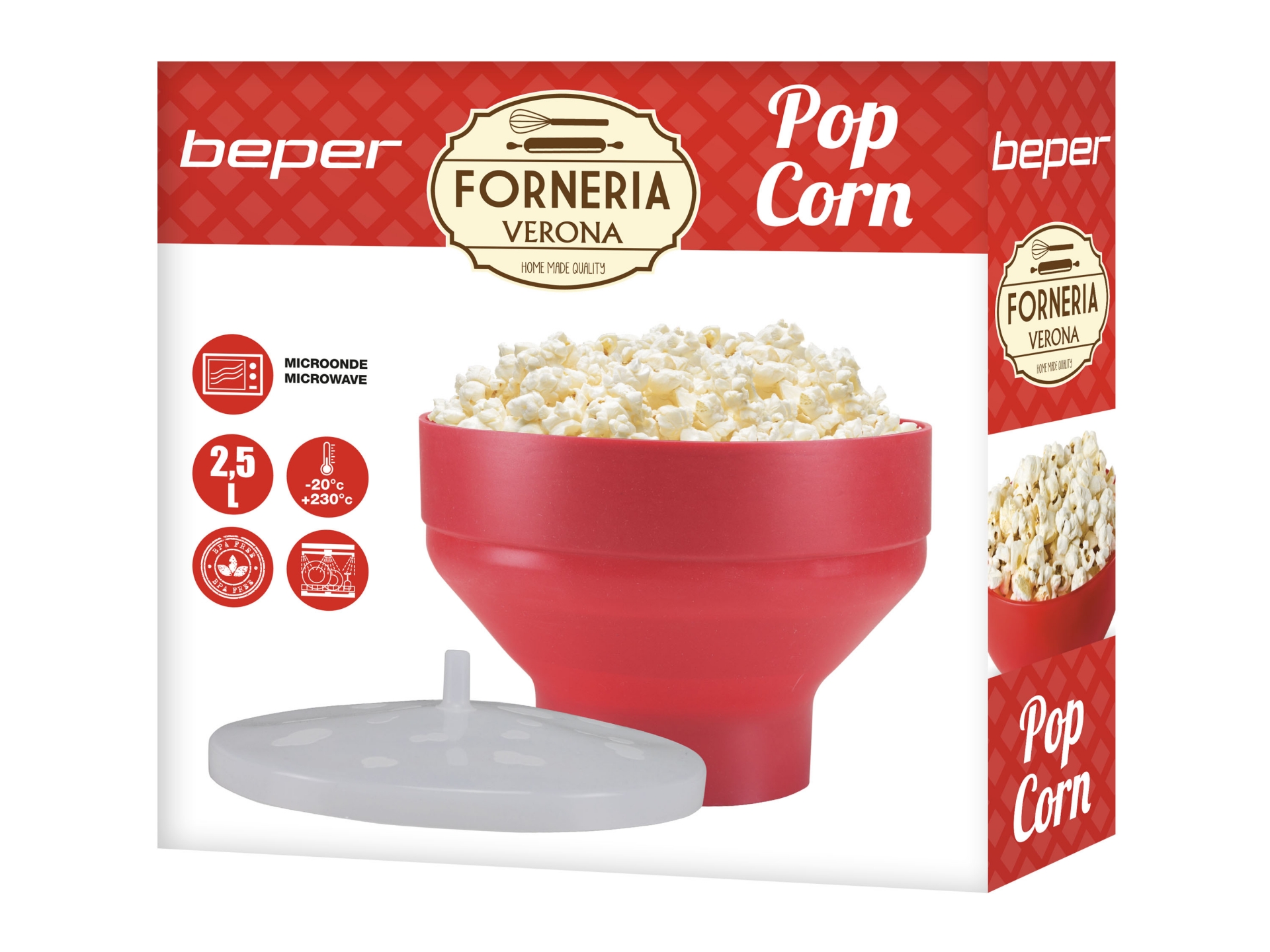 Beper C106CAS002 2,5L popcorn készítő edény, műanyag,mikrózható BPA-mentes piros