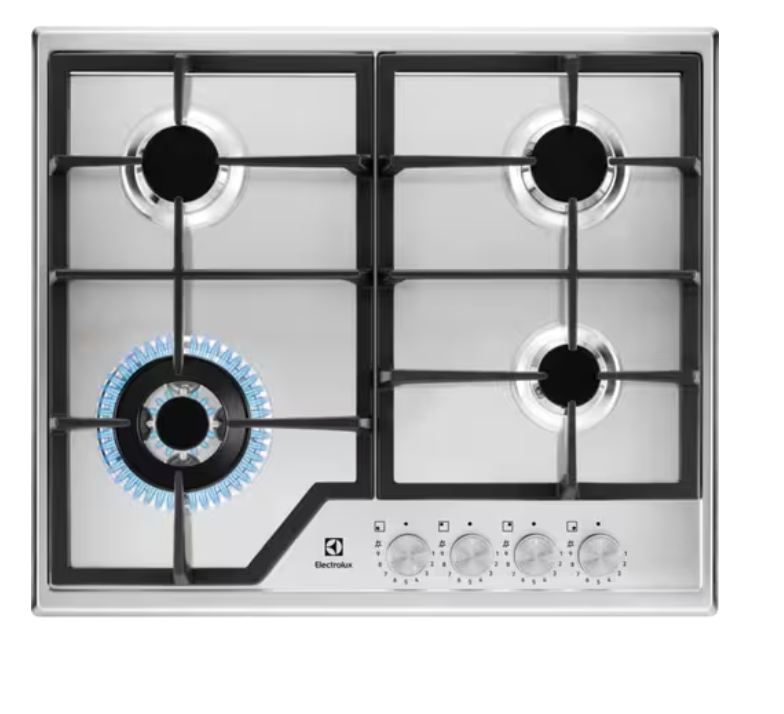Electrolux KGS64362SX beépíthető gáz főzőlap, inox, kétkörös wok égőfej, 2 fekete öntöttvas tartórács