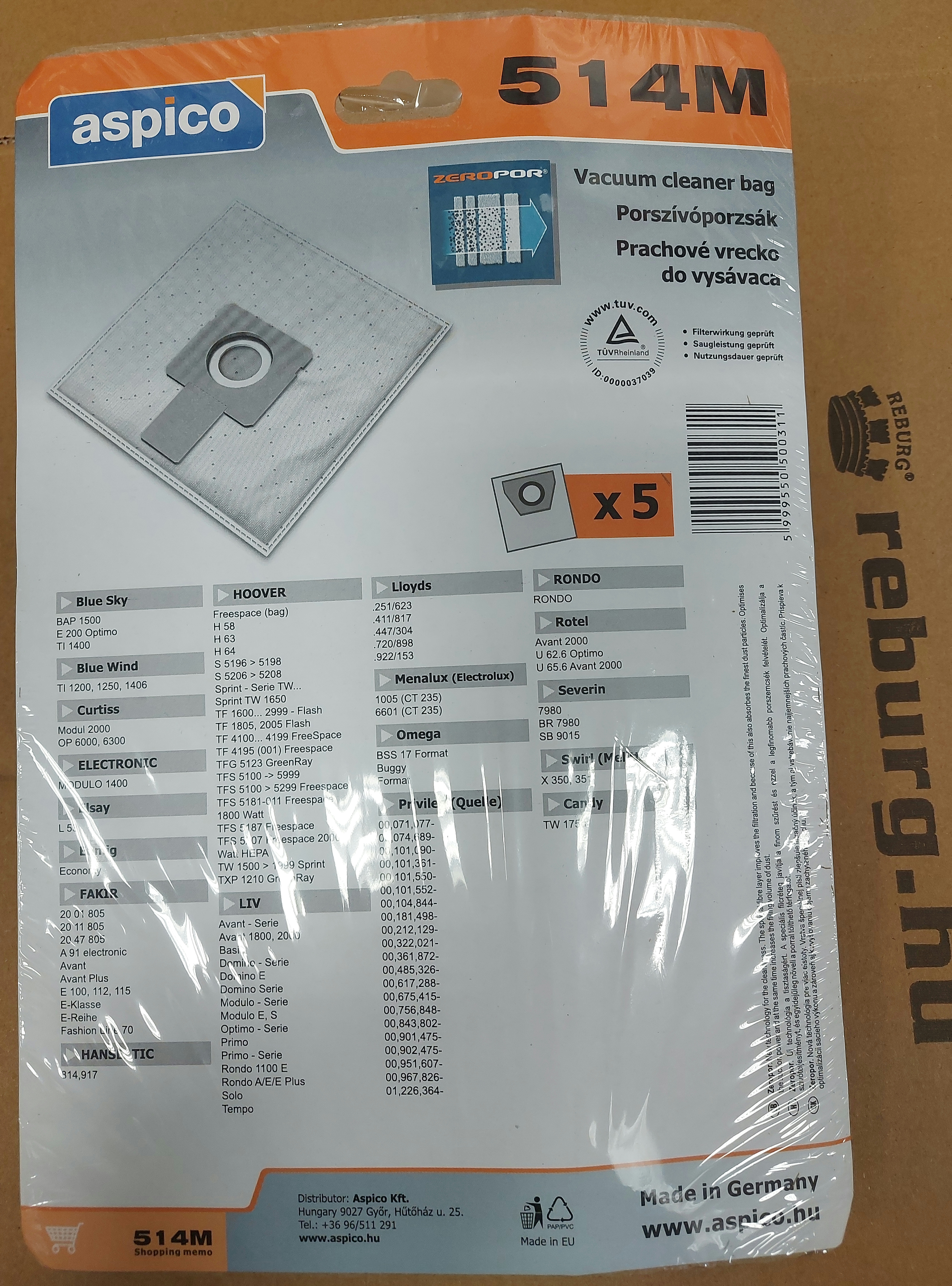 Aspico 514M 5db mikroszűrős porzsák Hoover kompatibilis H58 H63 H64 TF1600 