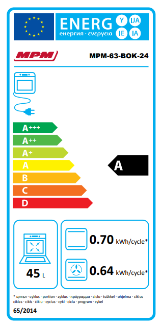 MPM MPM-63-BOK-24 45 cm magas beépíthető sütő 45L, 59.5x57x45 cm, fekete szín 