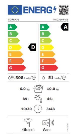 Gorenje WD2A164ADS mosó-szárítógép 10/6kg,inverter Power Drive motor,59.5x61x84.5cm