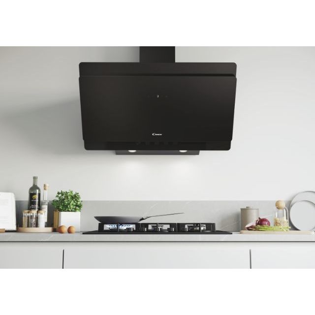 Candy CVMA90N beépíthető falra szerelhető döntött kürtös konyhai elszívó,90cm,LED világítás, Glass, fekete