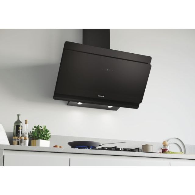 Candy CVMA90N beépíthető falra szerelhető döntött kürtös konyhai elszívó,90cm,LED világítás, Glass, fekete